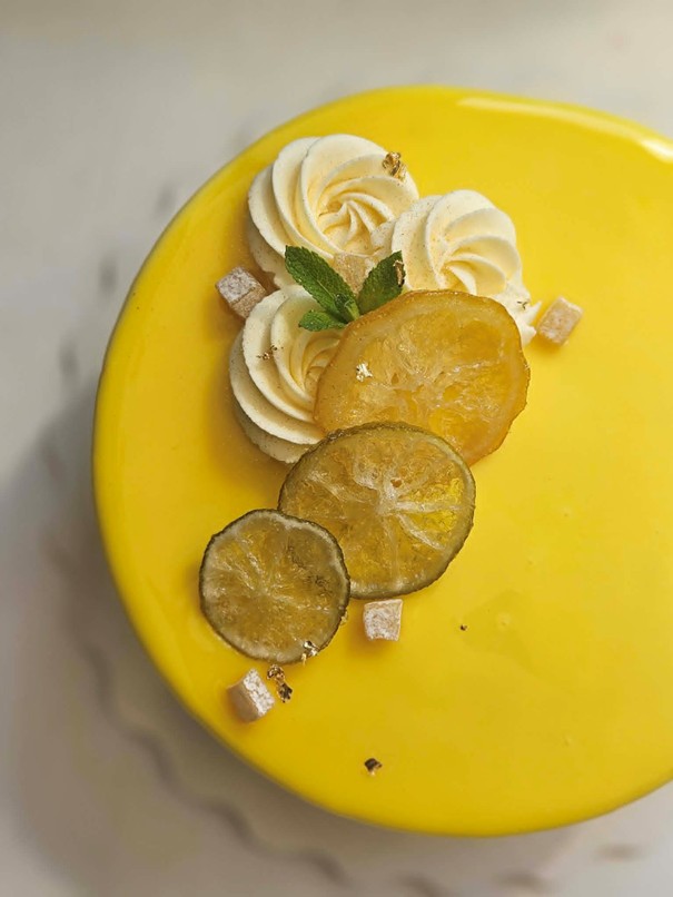 Lemon mirror glaze mousse cake